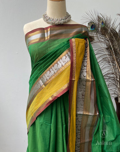 Kanchi Cotton Saree - Green with Silver Zari