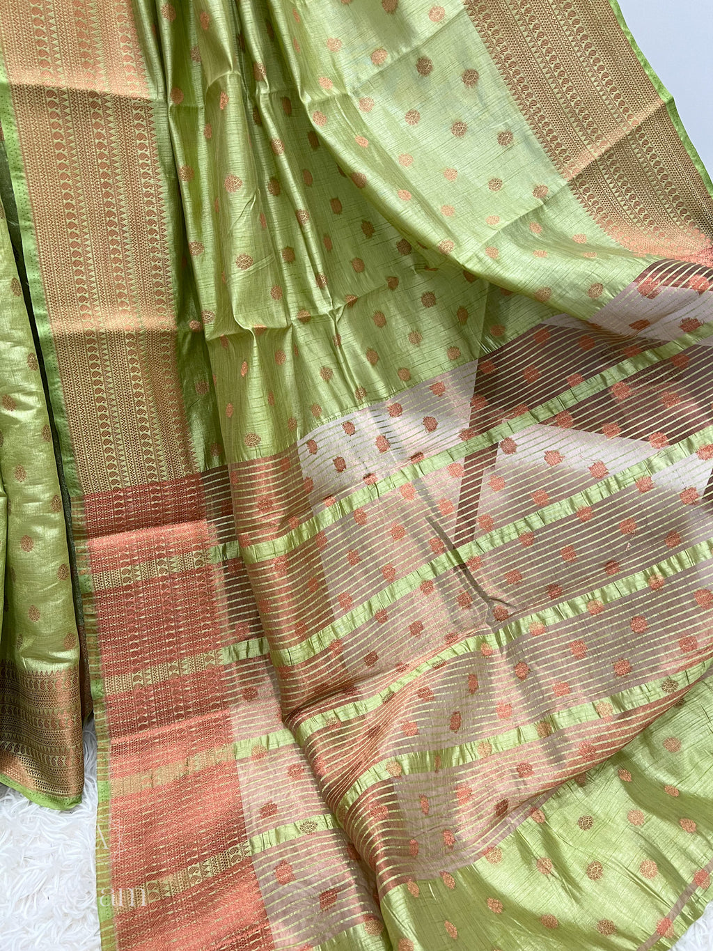 Soft Dupion Silk Copper Zari - Light Green