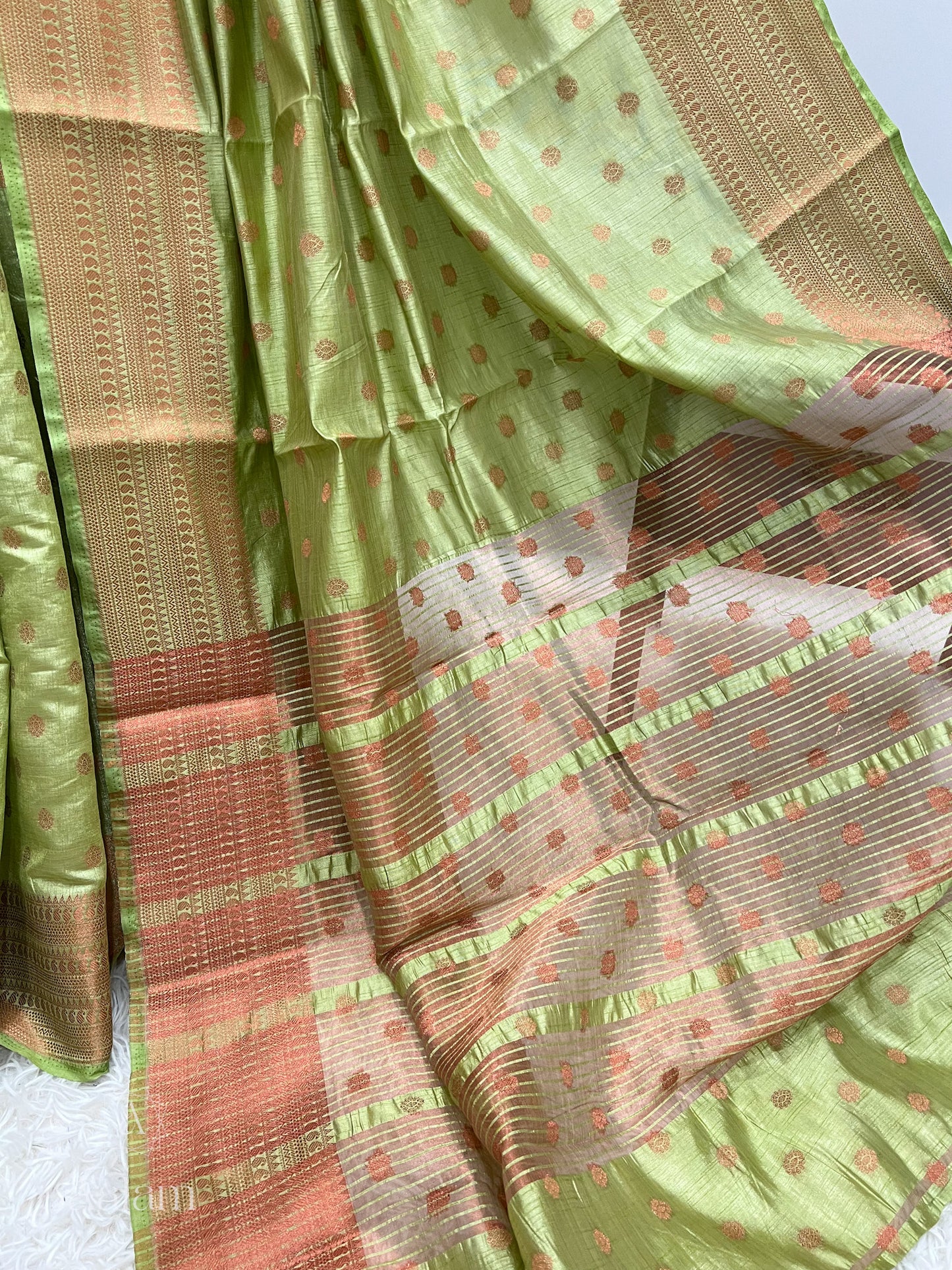 Soft Dupion Silk Copper Zari - Light Green