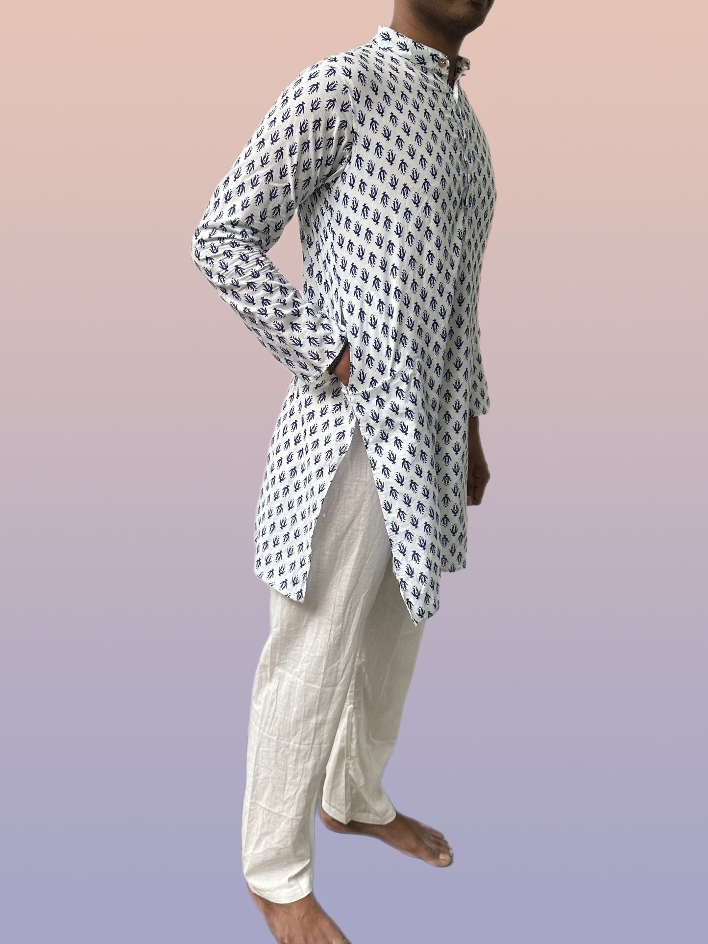 Pure Cotton Kurta Pyjama Set - Indigo & White (Men)