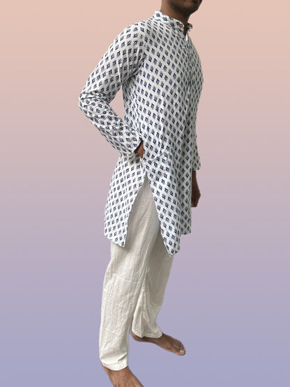 Pure Cotton Kurta Pyjama Set - Indigo & White (Men)