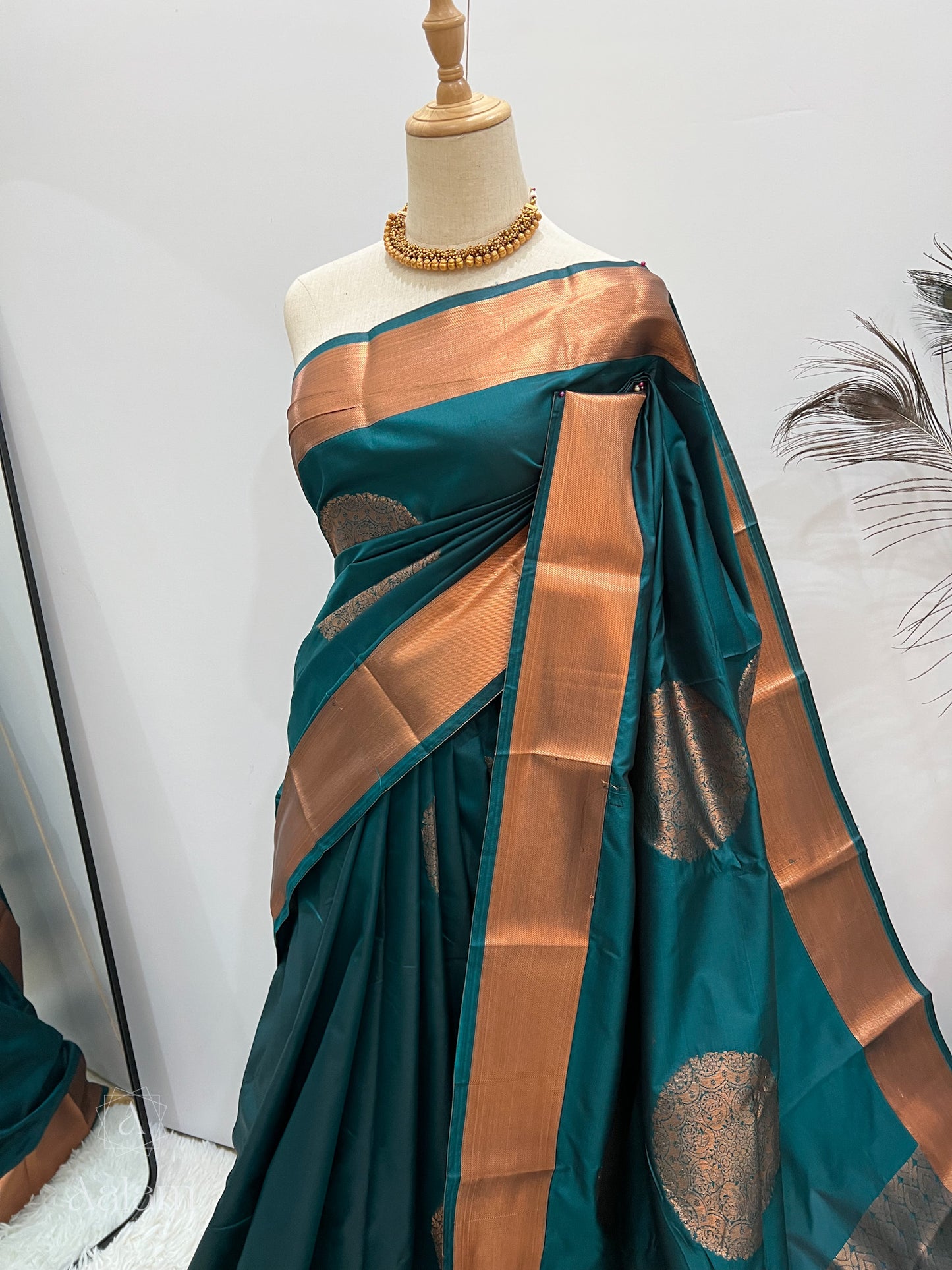 Soft Silk Copper Zari Mandala Saree - Teal