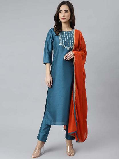 Teal Poly Silk Kurta With Pant & Orange Dupatta