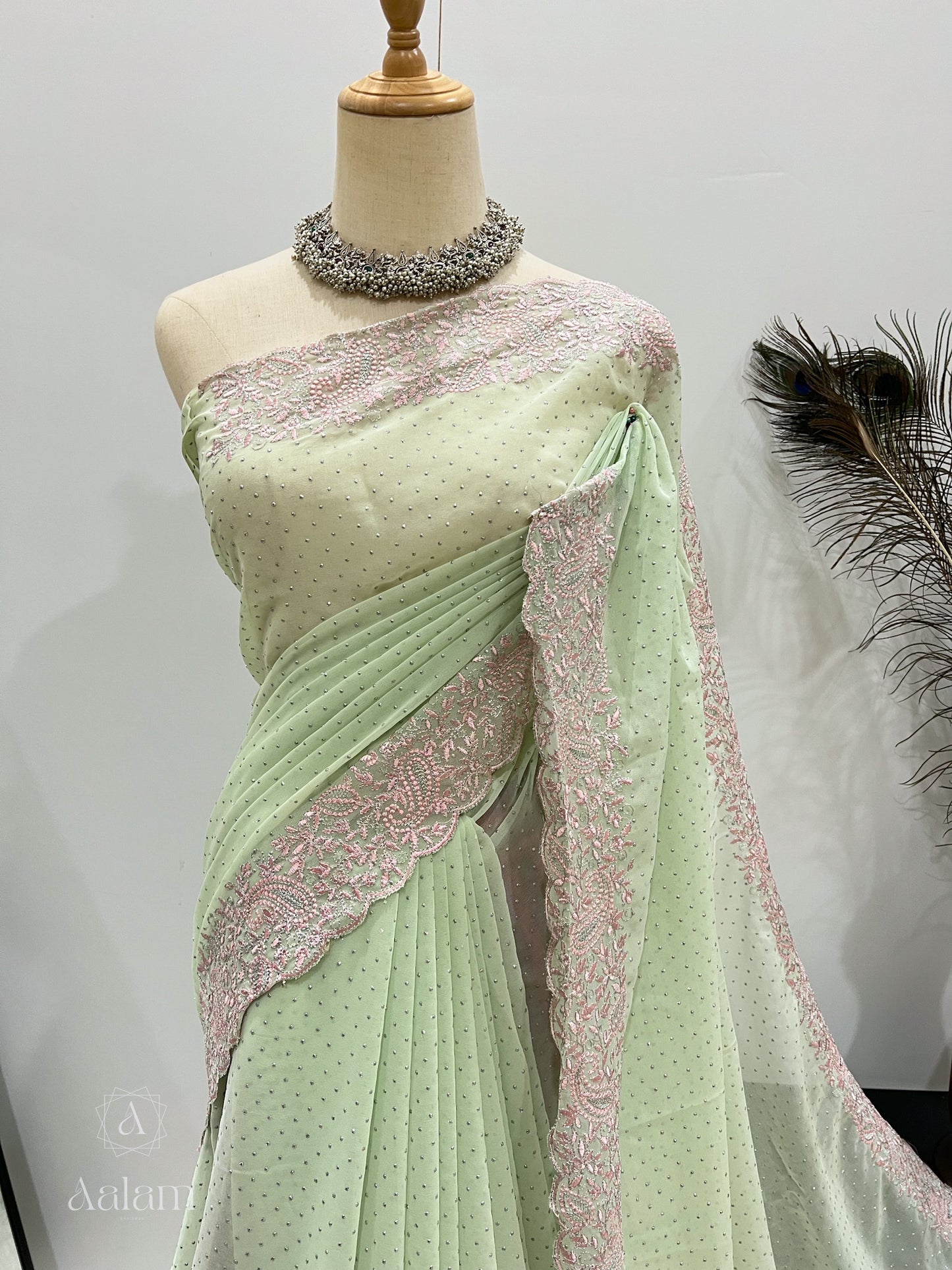 Georgette Embroidery Stone Saree - Mint & Pink