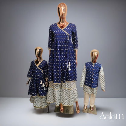 Angrakha Sharara Kurti Set - Indigo & White