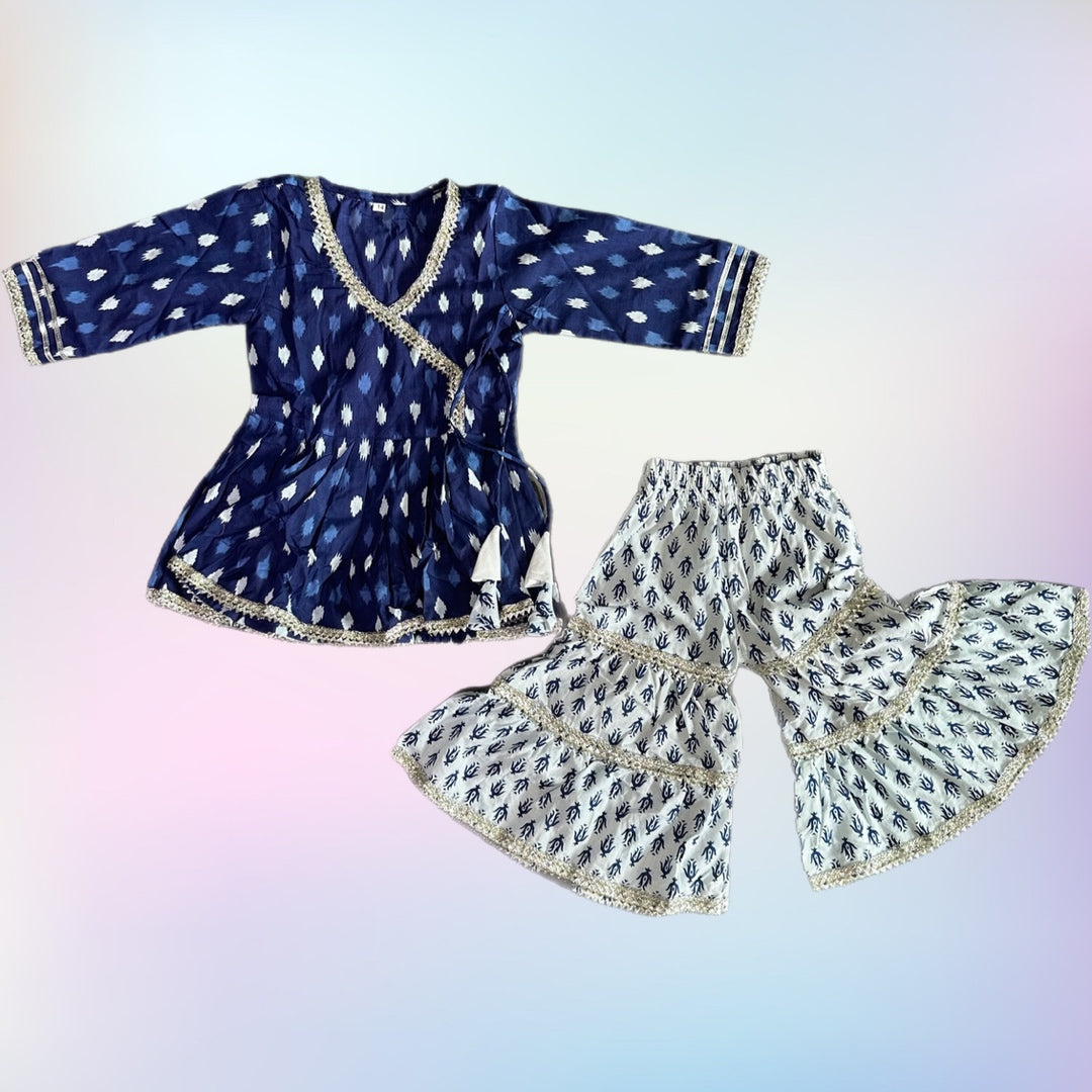 Angrakha Sharara Kurti Set - Indigo & White (Girl)