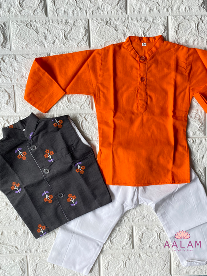 Kurta Pyjama Vest Set in Black & Orange