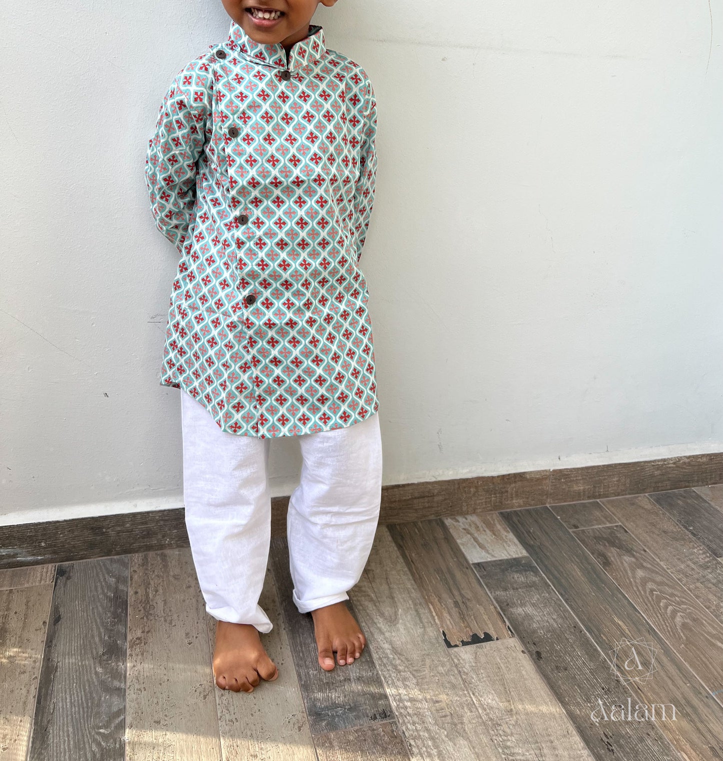 Boys Printed Kurta Pyjama Set (Mauve/Blue)