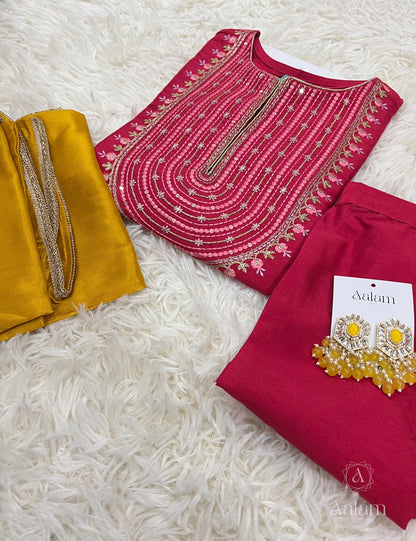 Pink Poly Silk Kurta With Pant & Yellow Dupatta