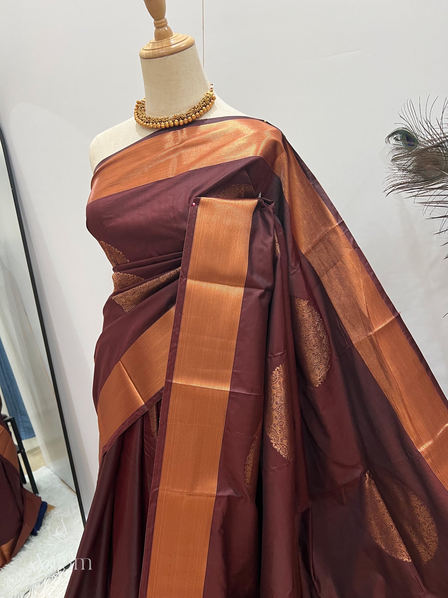 Soft Silk Copper Zari Mandala Saree - Brown