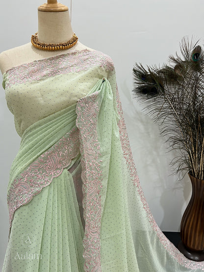 Georgette Embroidery Stone Saree - Mint & Pink