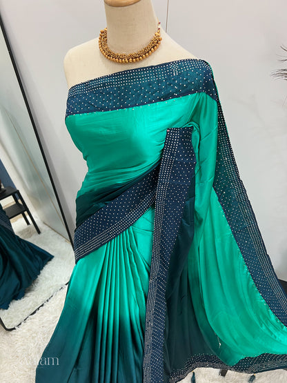 Ombré Satin Stone Saree - Green