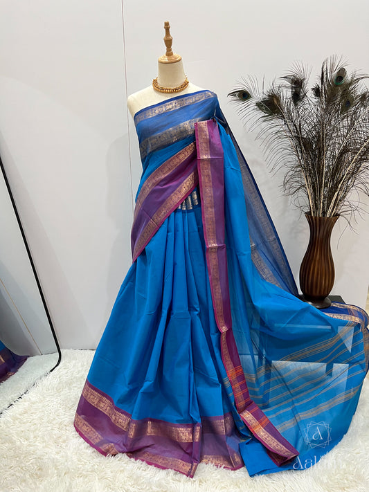 Kanchi Cotton Saree - Blue with Dark blue & Purple Ganga Jamuna Border