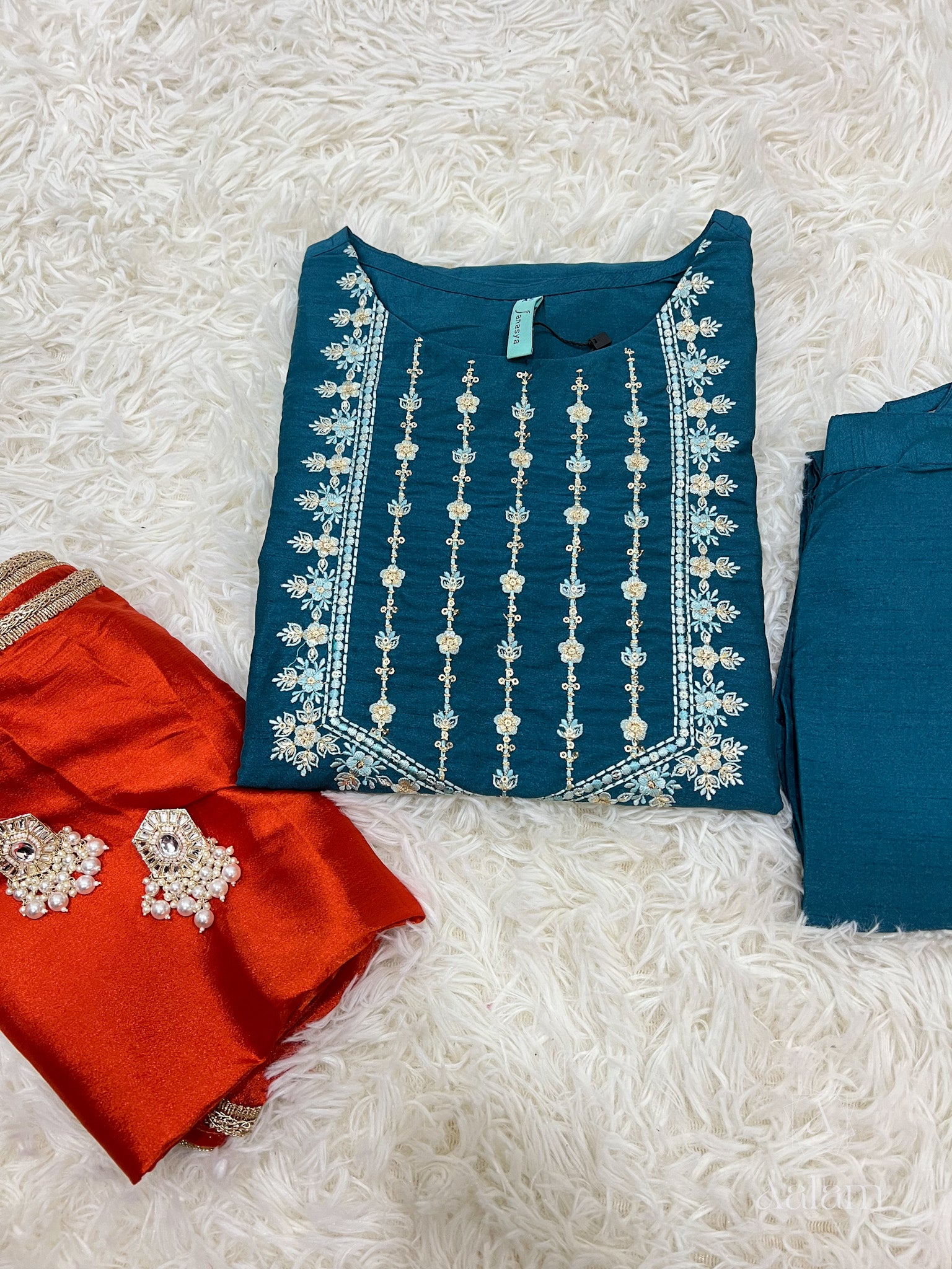 Teal Poly Silk Kurta With Pant & Orange Dupatta