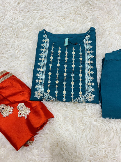 Teal Poly Silk Kurta With Pant & Orange Dupatta