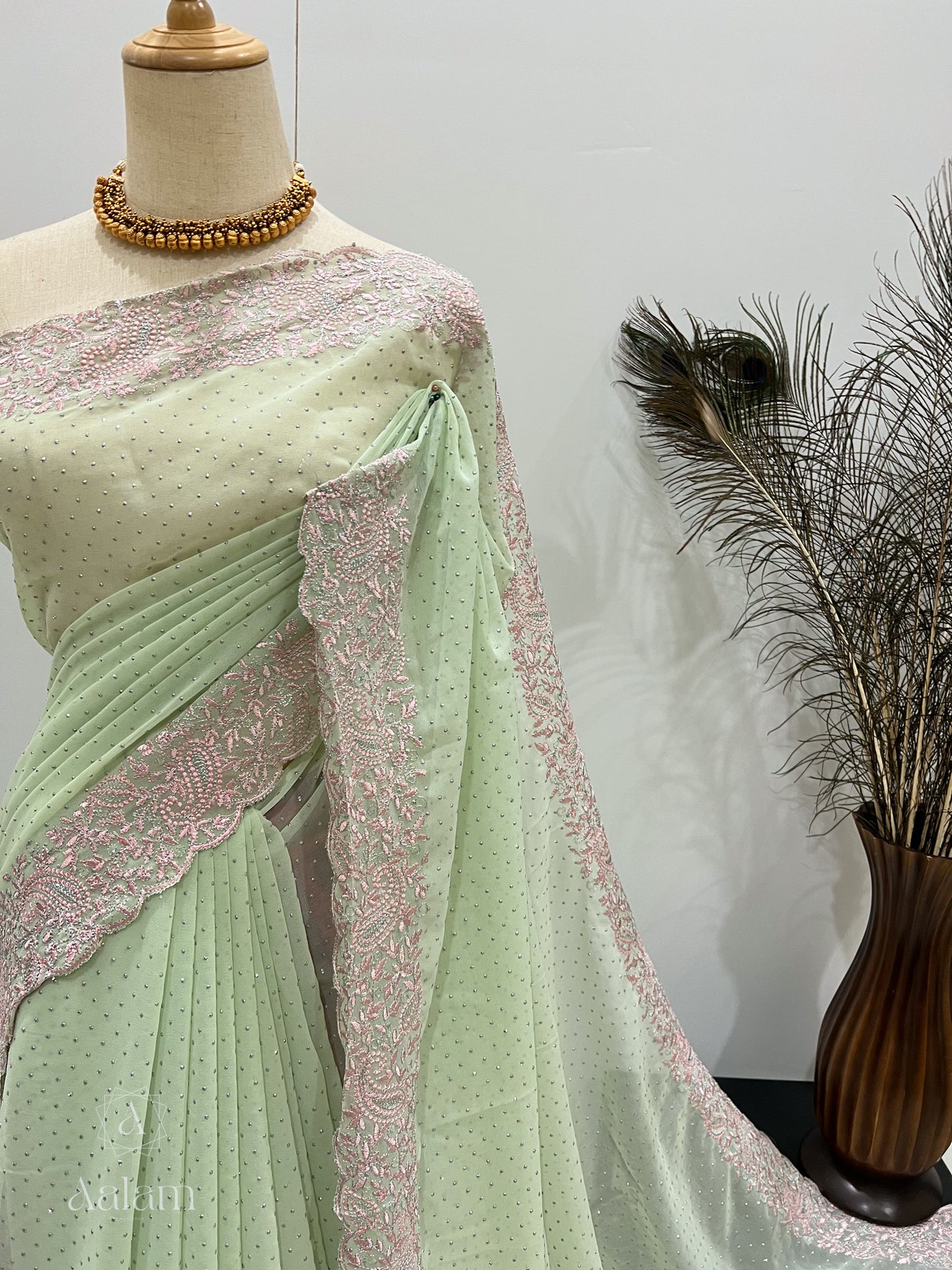 Georgette Embroidery Stone Saree - Mint & Pink