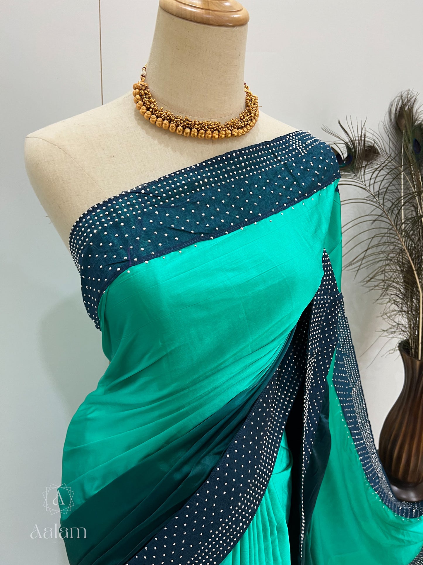 Ombré Satin Stone Saree - Green