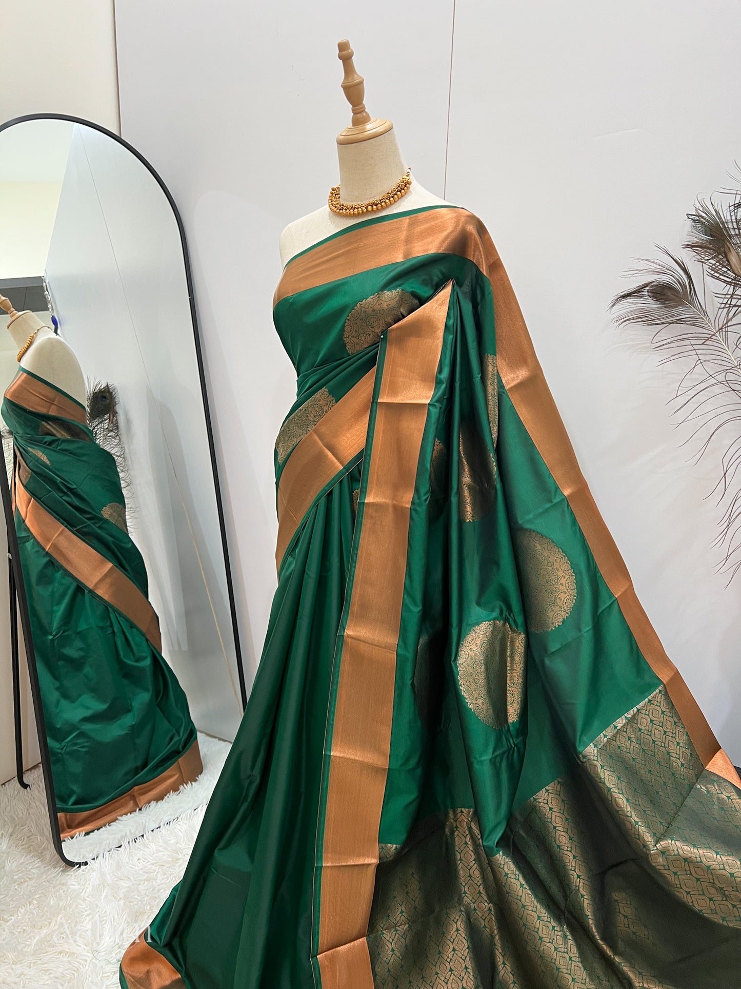 Soft Silk Copper Zari Mandala Saree - Green