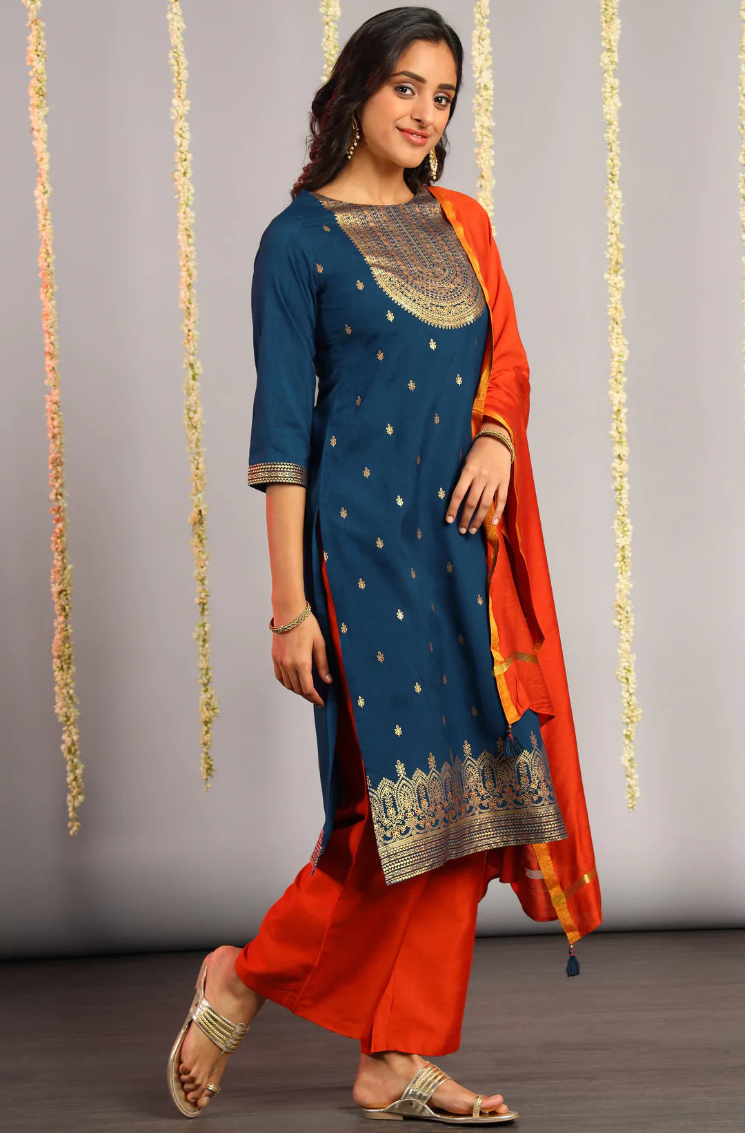 Blue Poly Silk Kurta With Palazzo & Orange Dupatta