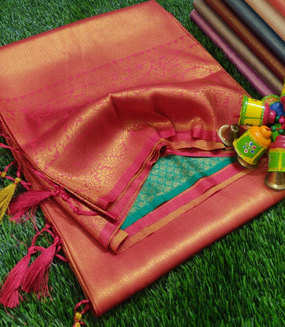 Soft Silk Copper Zari - Red & Green