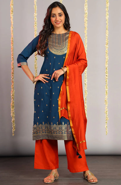 Blue Poly Silk Kurta With Palazzo & Orange Dupatta