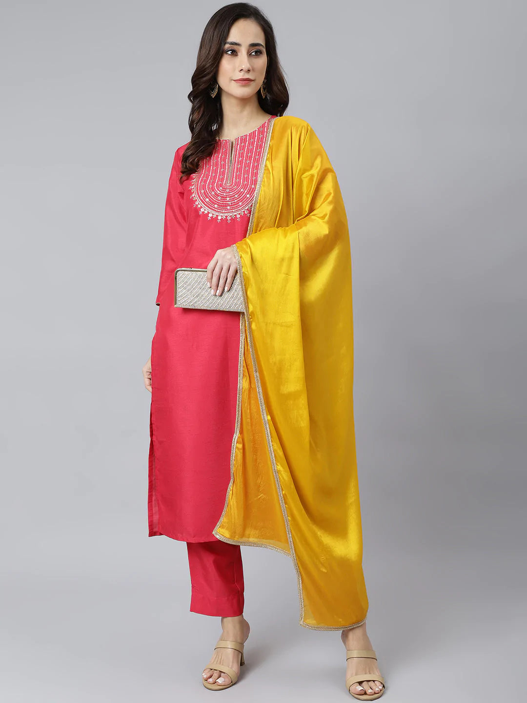 Pink Poly Silk Kurta With Pant & Yellow Dupatta