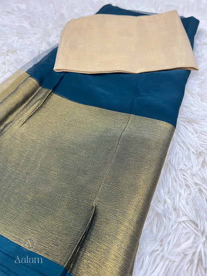 Chiffon Saree with Gold Border - Teal Blue