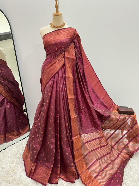 Soft Dupion Silk Copper Zari - Plum