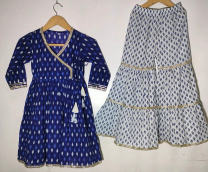 Angrakha Sharara Kurti Set - Indigo & White