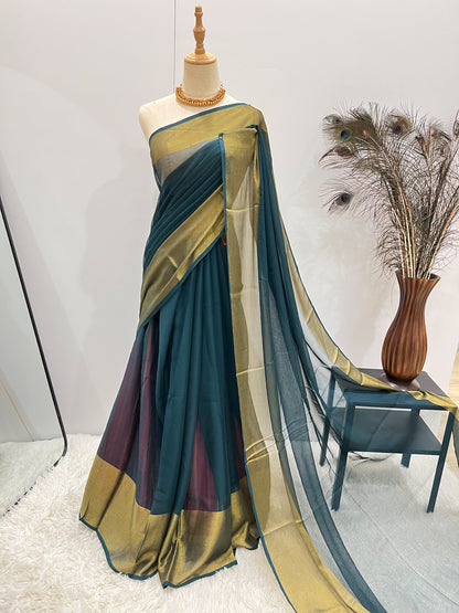 Chiffon Saree with Gold Border - Teal Blue