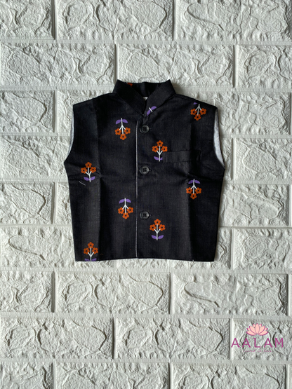 Kurta Pyjama Vest Set in Black & Orange