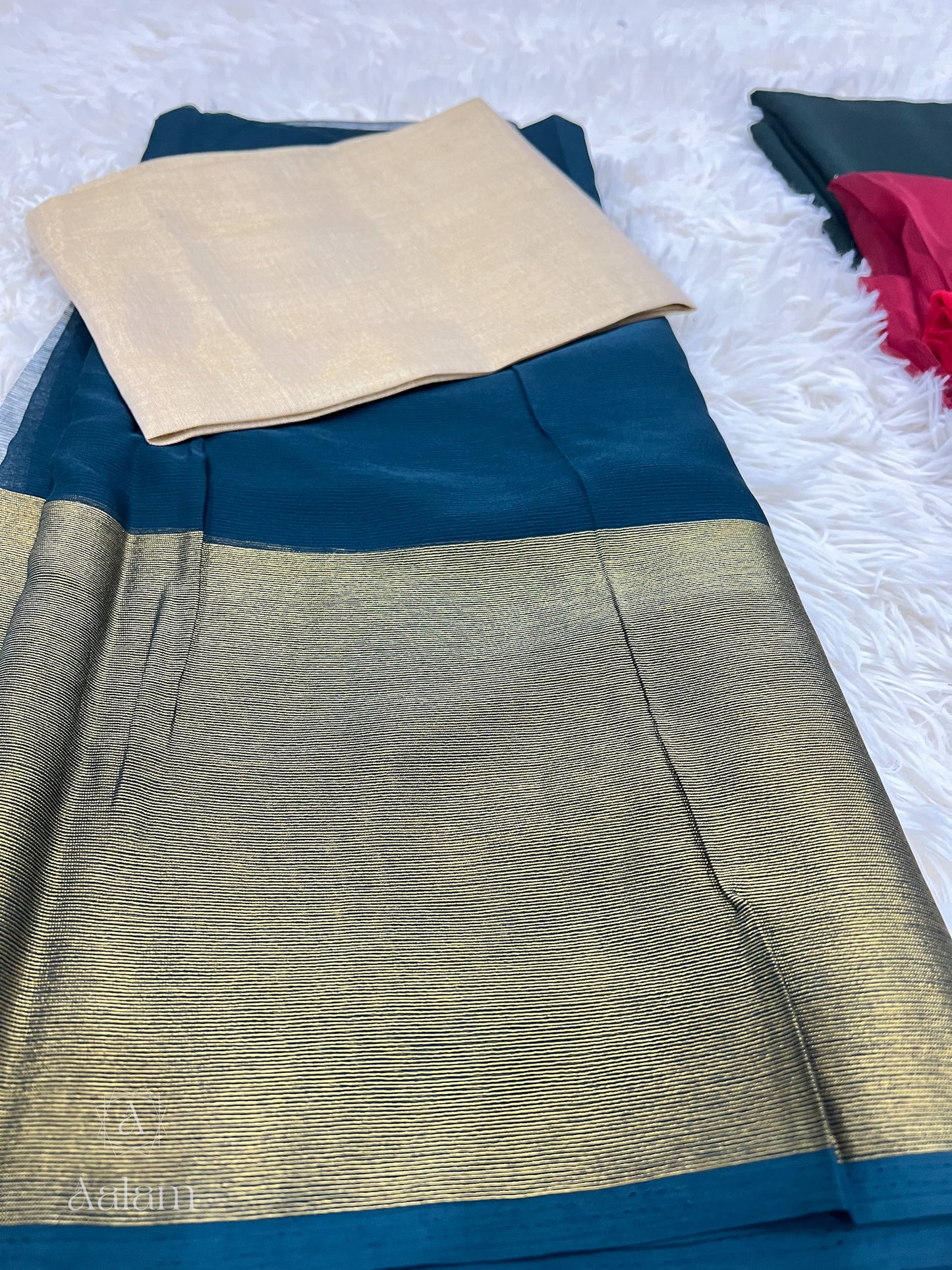 Chiffon Saree with Gold Border - Teal Blue