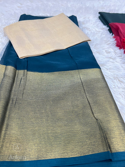 Chiffon Saree with Gold Border - Teal Blue