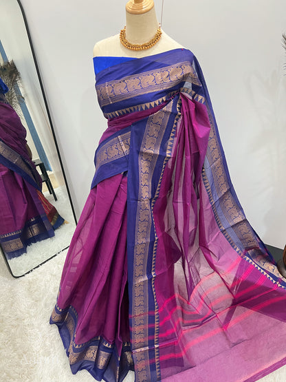 Cotton Saree - Mayil Border  Purple & Blue