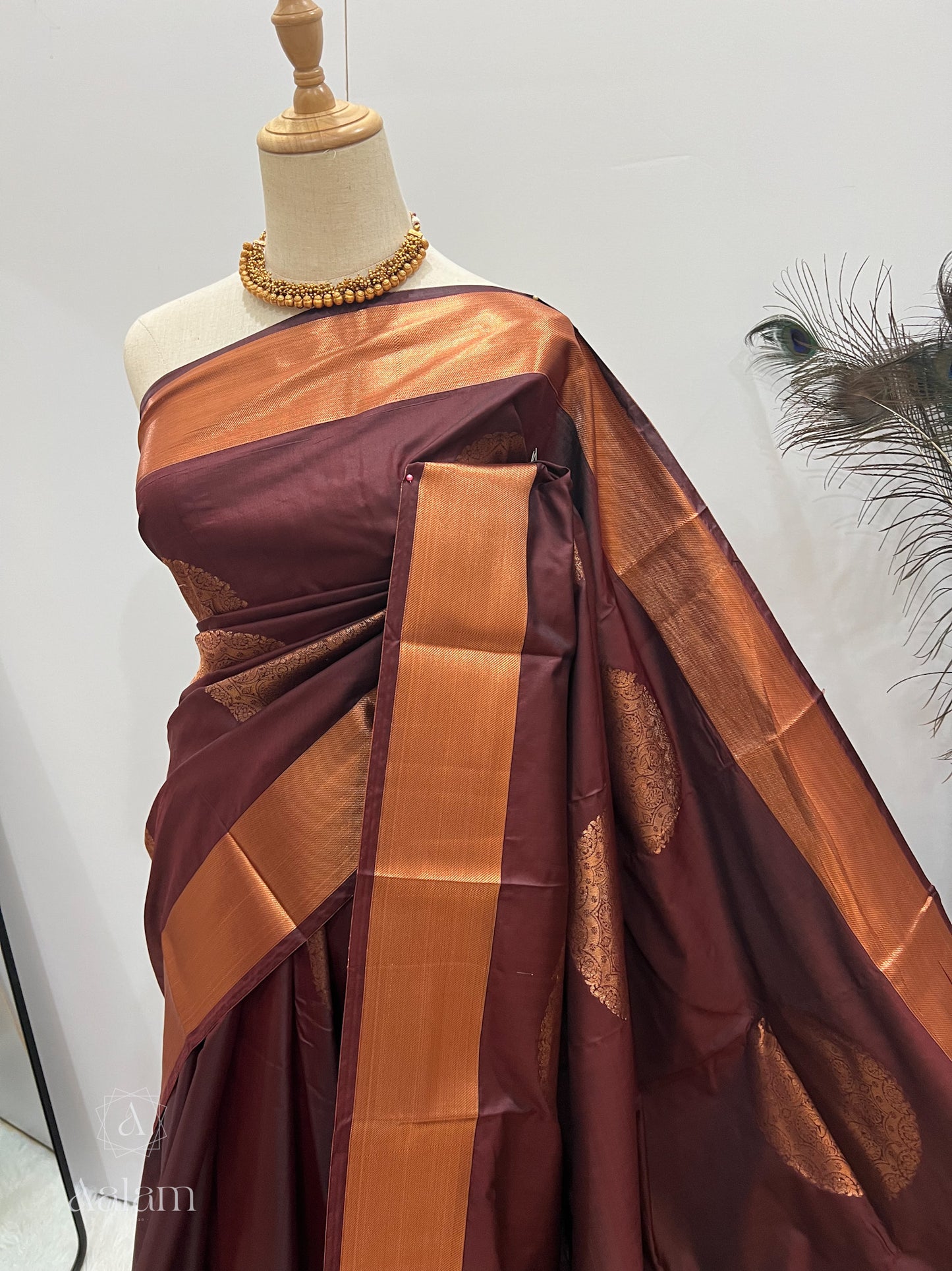 Soft Silk Copper Zari Mandala Saree - Brown