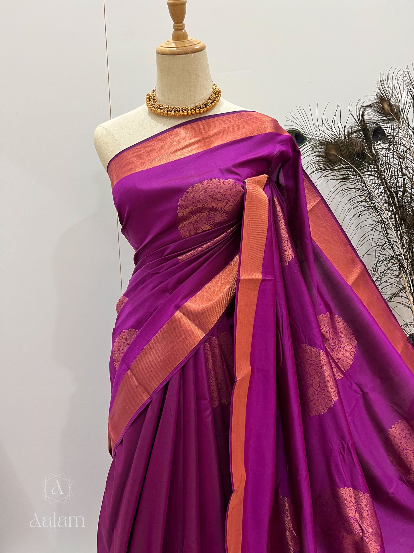 Soft Silk Copper Zari Mandala Saree - Purple Magenta