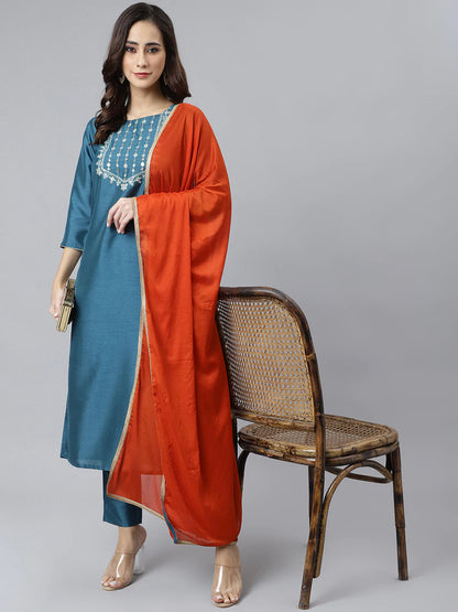 Teal Poly Silk Kurta With Pant & Orange Dupatta