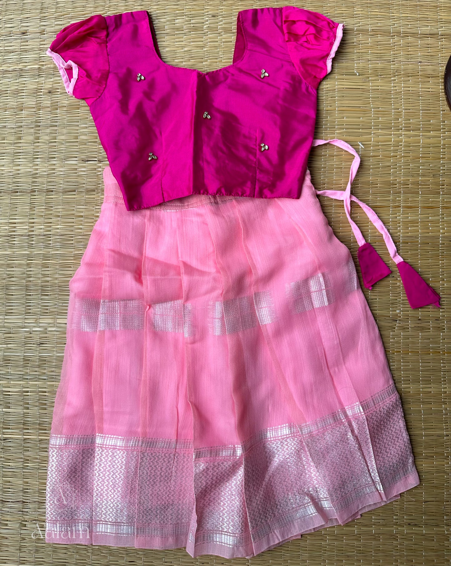 Silk Top with Banarasi Skirt - Magenta & Pink