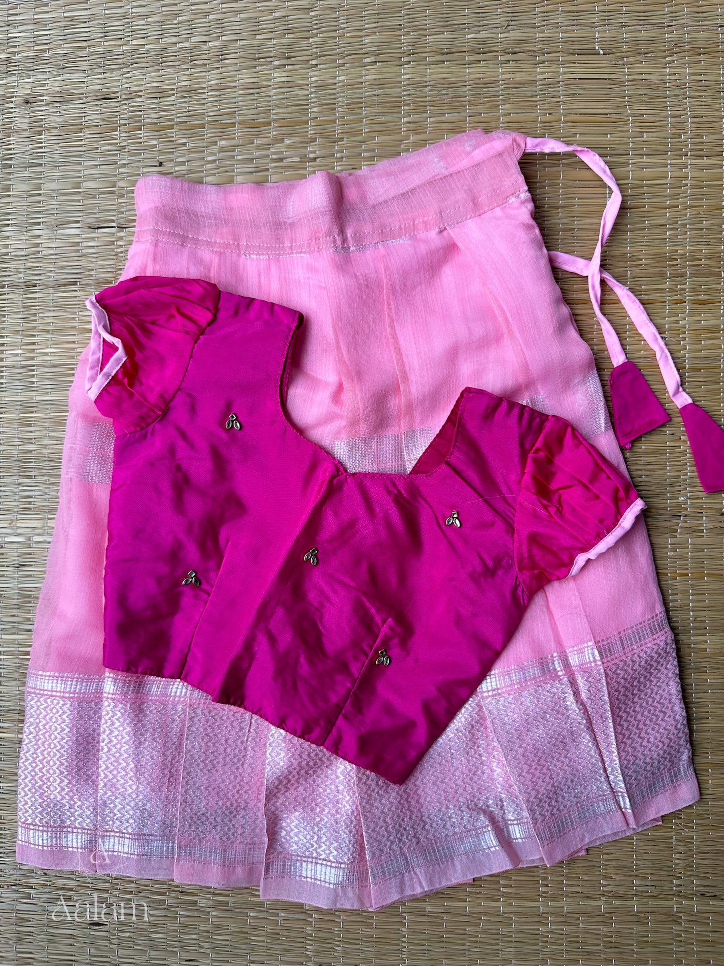 Silk Top with Banarasi Skirt - Magenta & Pink