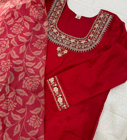 Neha - Chanderi Anarkali Dupatta Set in Red