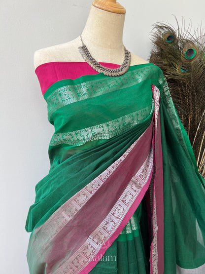 Cotton Saree - Bottle Green & Pink with Silver Zari