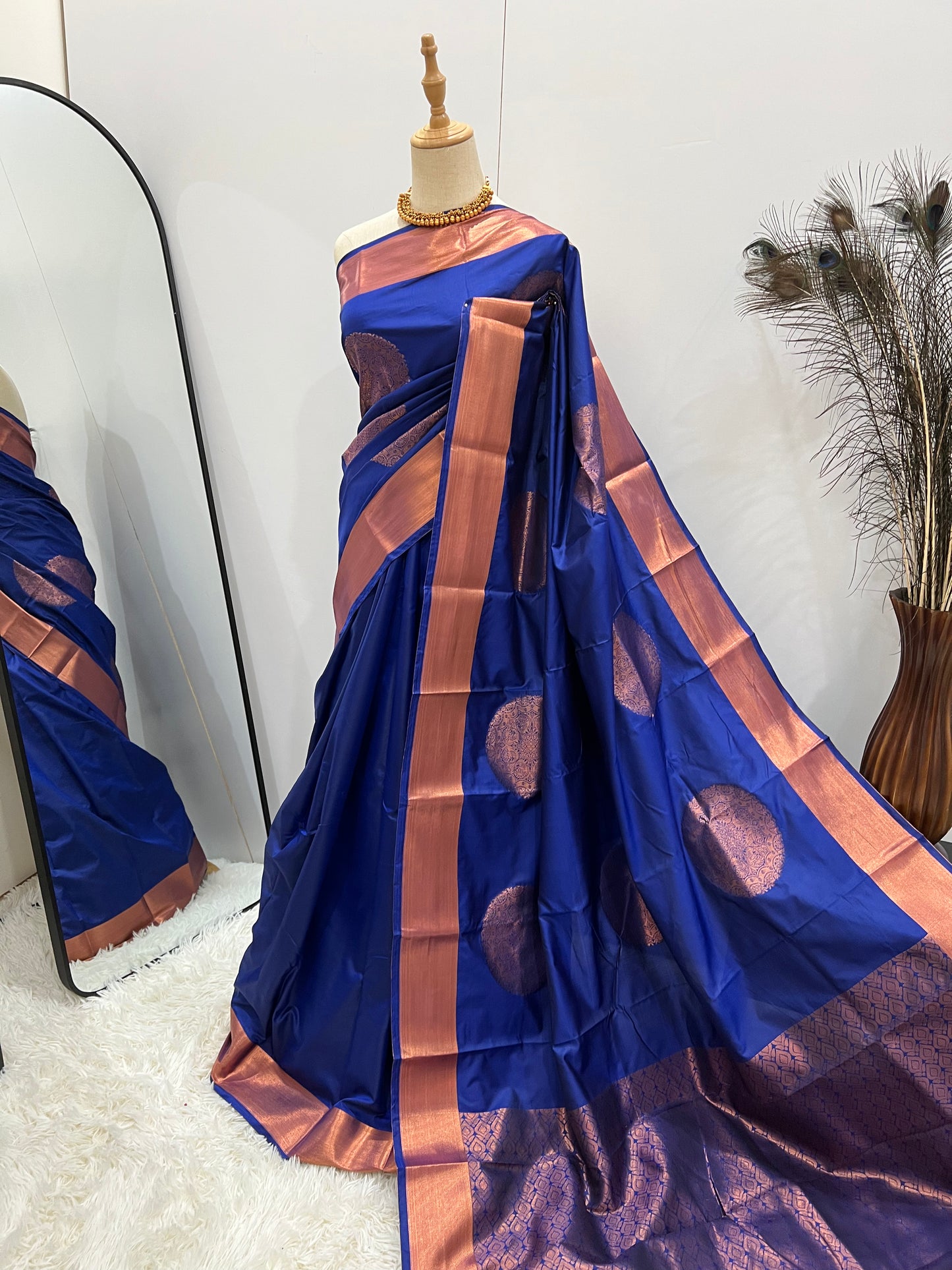 Soft Silk Copper Zari Mandala Saree - Blue