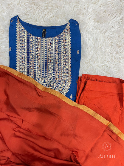 Blue Poly Silk Kurta With Palazzo & Orange Dupatta