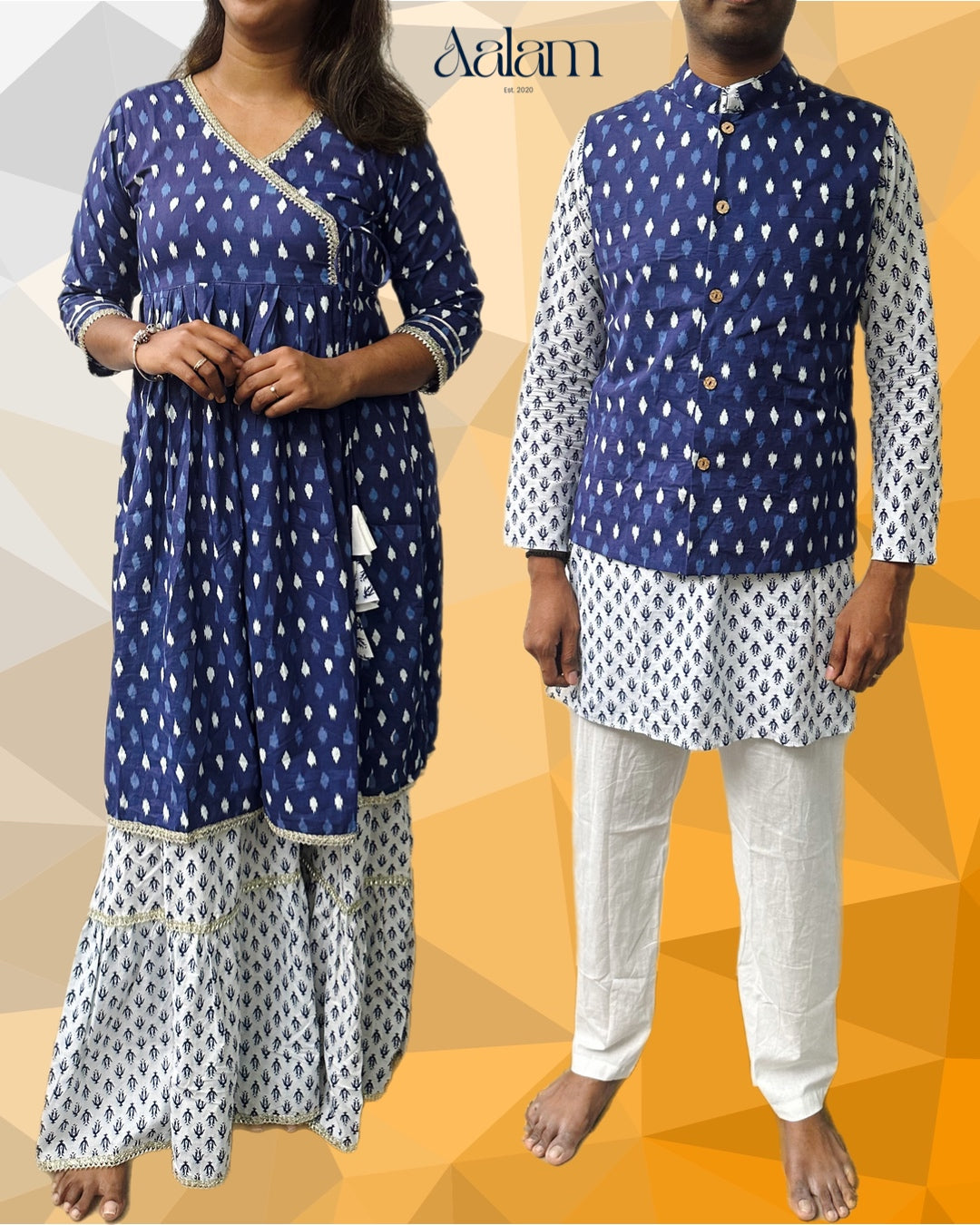 Angrakha Sharara Kurti Set - Indigo & White