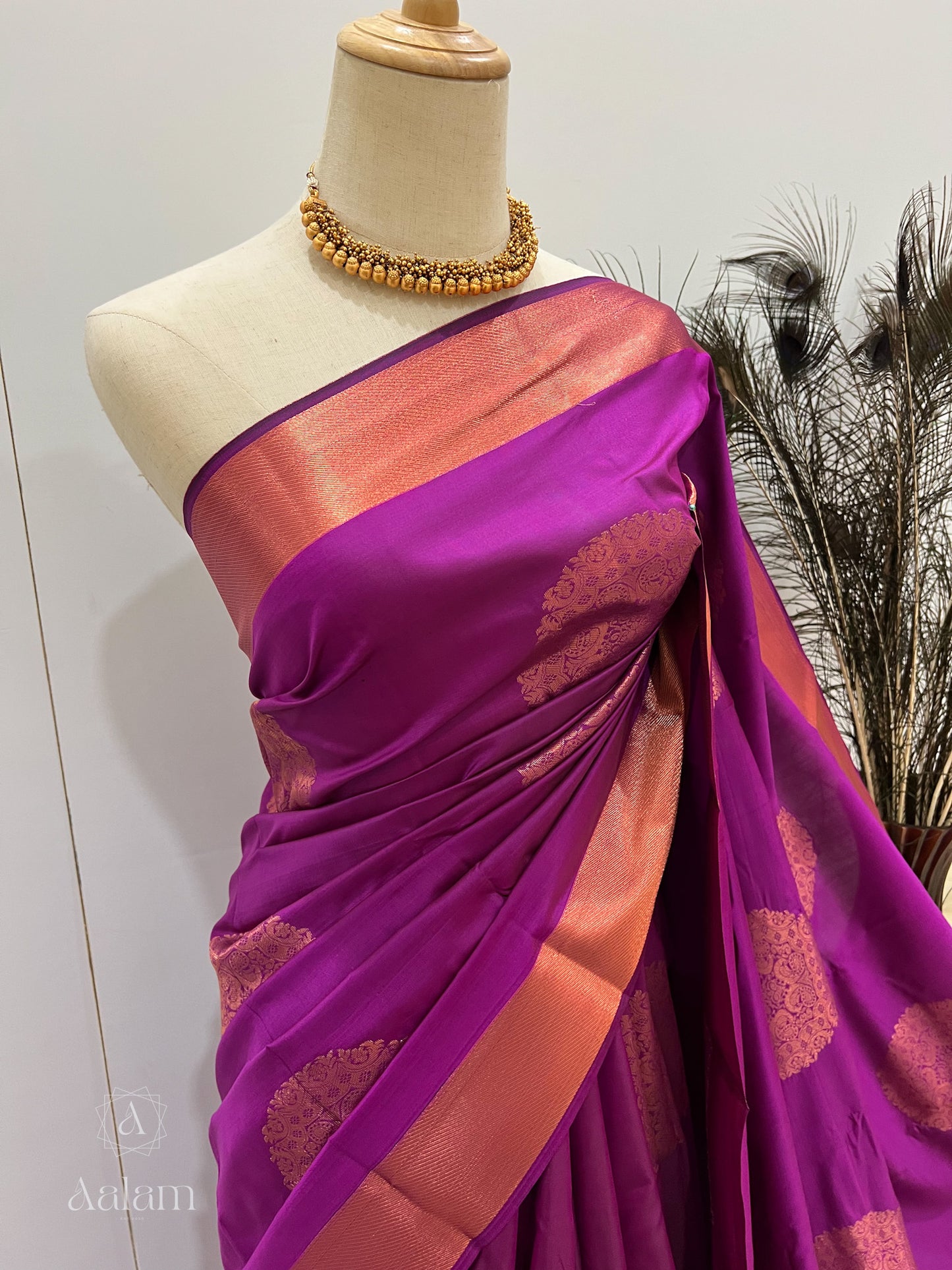 Soft Silk Copper Zari Mandala Saree - Purple Magenta