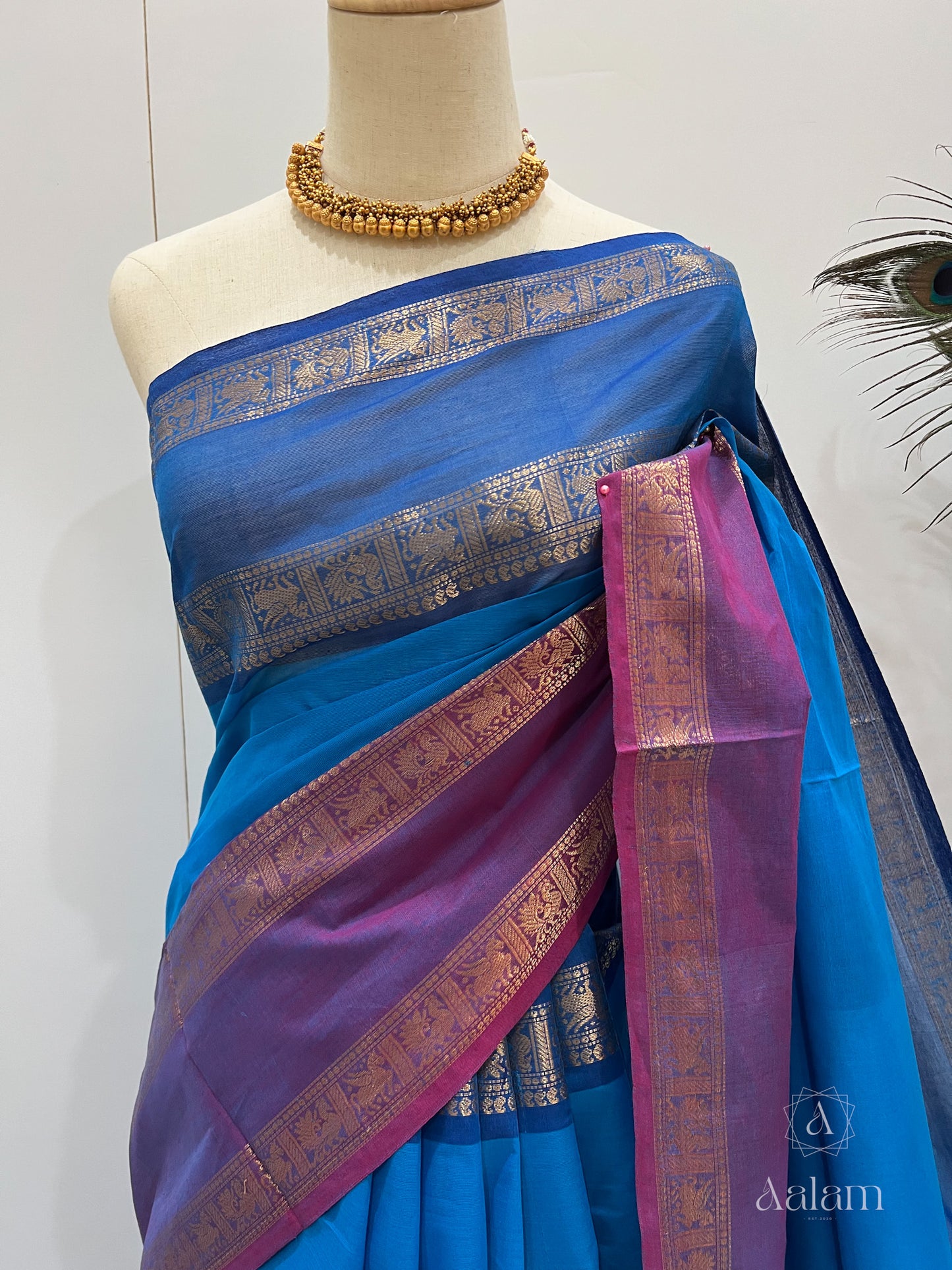 Kanchi Cotton Saree - Blue with Dark blue & Purple Ganga Jamuna Border