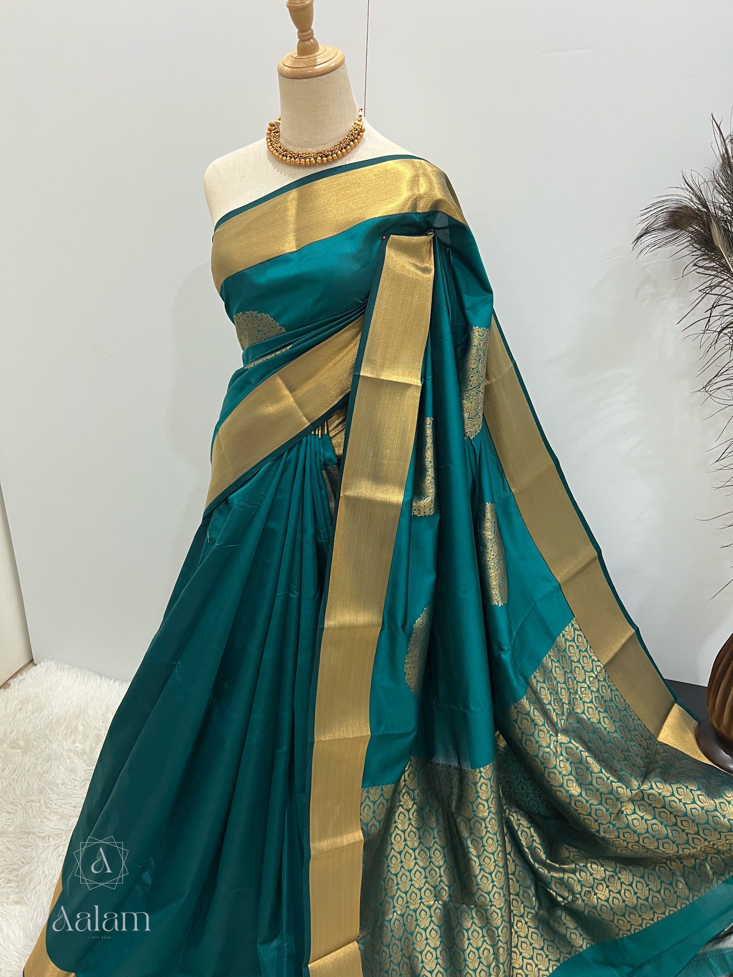 Soft Silk Gold Zari Mandala Saree - Teal