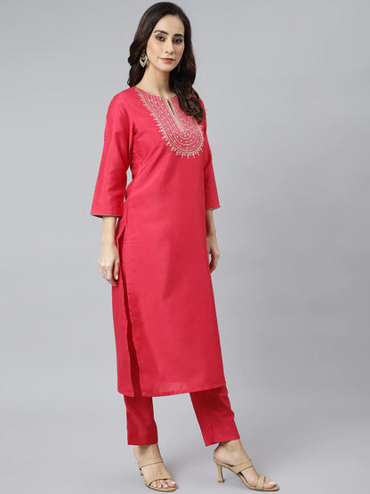 Pink Poly Silk Kurta With Pant & Yellow Dupatta