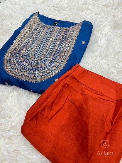 Blue Poly Silk Kurta With Palazzo & Orange Dupatta