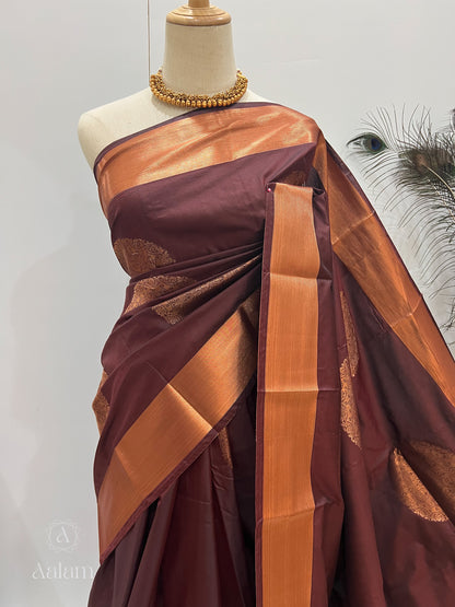 Soft Silk Copper Zari Mandala Saree - Brown